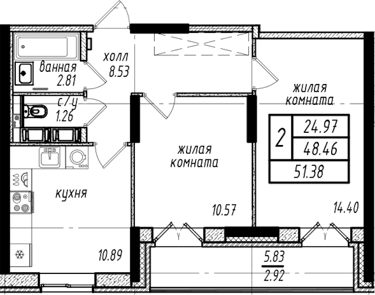 2-комнатная квартира 51.38 м², 11/16 эт., ЖК «Северная Долина»